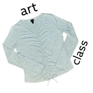 V-Neck Light Grey Rib knit Long Sleeve Top Girl's Size XL